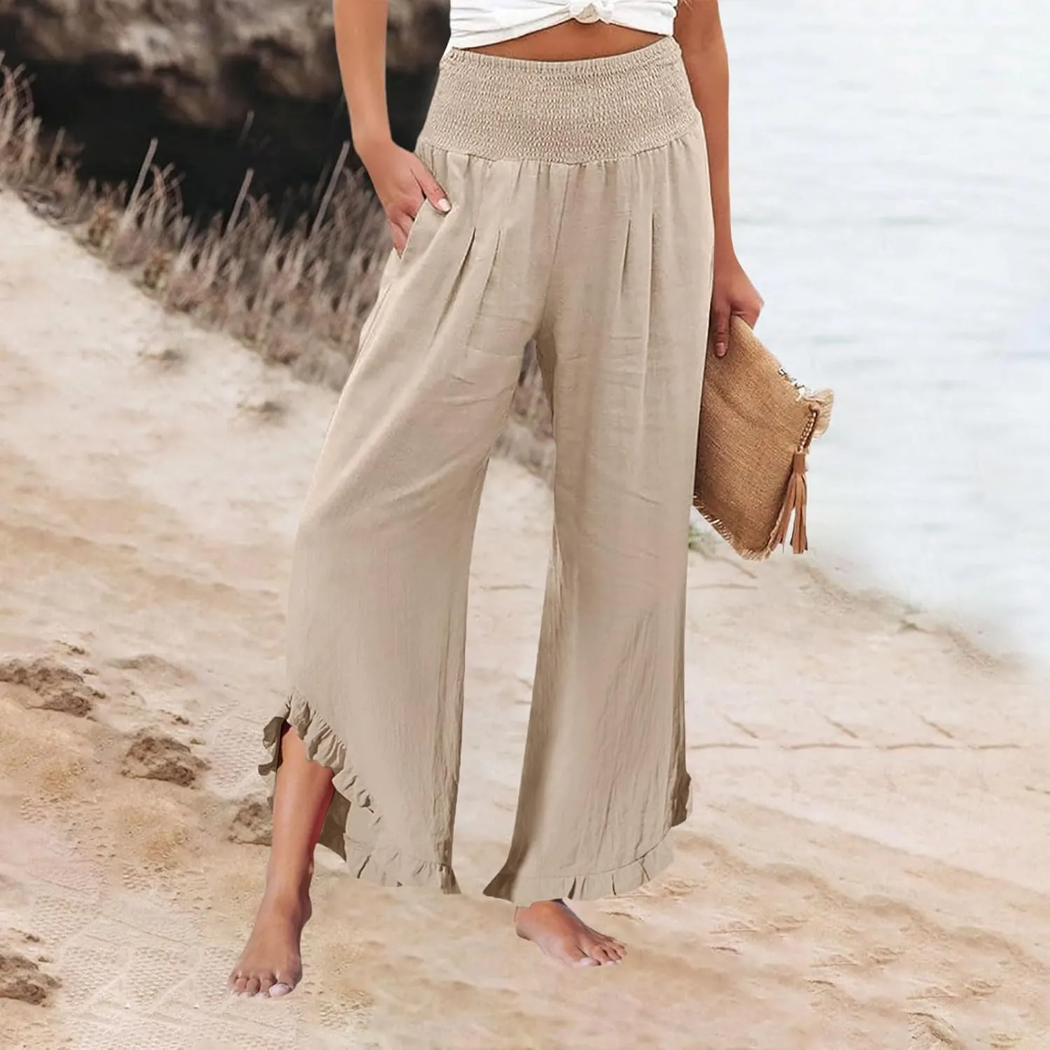 Linen Palazzo Pants for Women Smocked Waist Boho Wide Leg Trousers Baggy Ruffle Vacation Beach Pants with Pockets