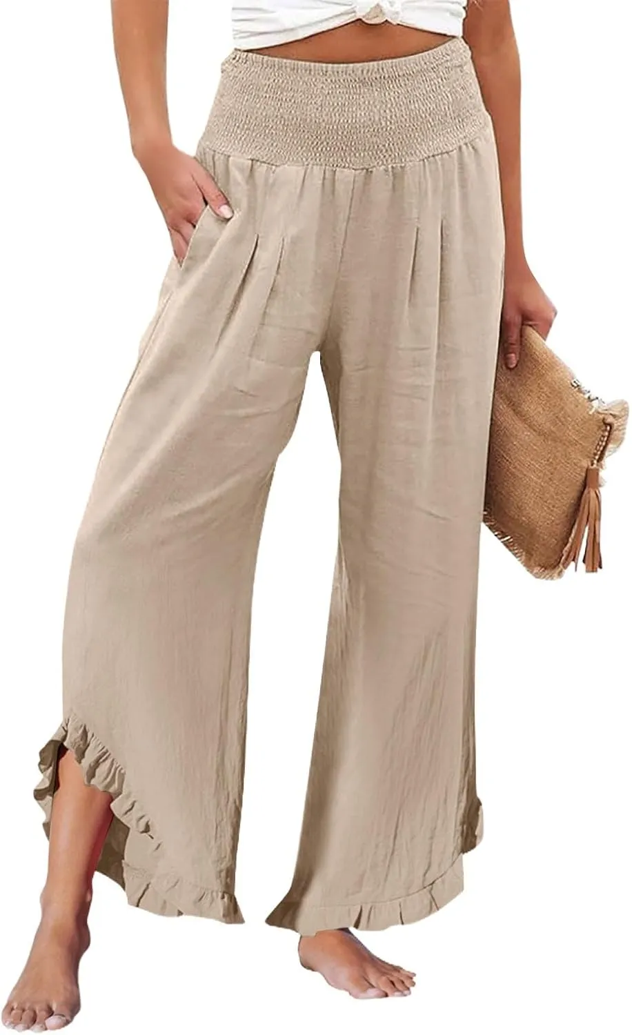 Linen Palazzo Pants for Women Smocked Waist Boho Wide Leg Trousers Baggy Ruffle Vacation Beach Pants with Pockets