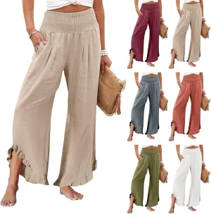 Linen Palazzo Pants for Women Smocked Waist Boho Wide Leg Trousers Baggy Ruffle Vacation Beach Pants with Pockets