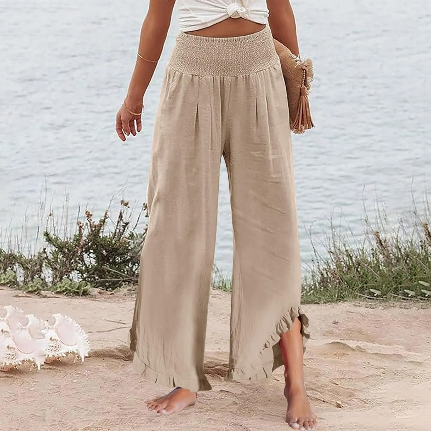 Linen Palazzo Pants for Women Smocked Waist Boho Wide Leg Trousers Baggy Ruffle Vacation Beach Pants with Pockets