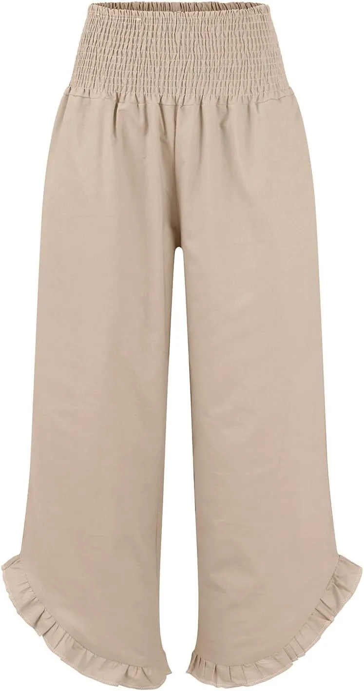 Linen Palazzo Pants for Women Smocked Waist Boho Wide Leg Trousers Baggy Ruffle Vacation Beach Pants with Pockets