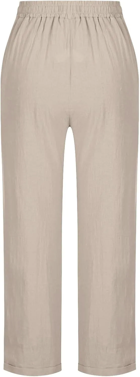 Linen Pants Women 2025 Straight Wide Leg Pants High Waisted Casual Summer Pants Lounge Beach Trousers with Pockets