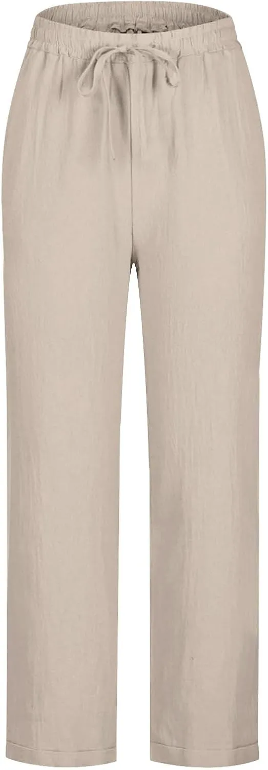 Linen Pants Women 2025 Straight Wide Leg Pants High Waisted Casual Summer Pants Lounge Beach Trousers with Pockets