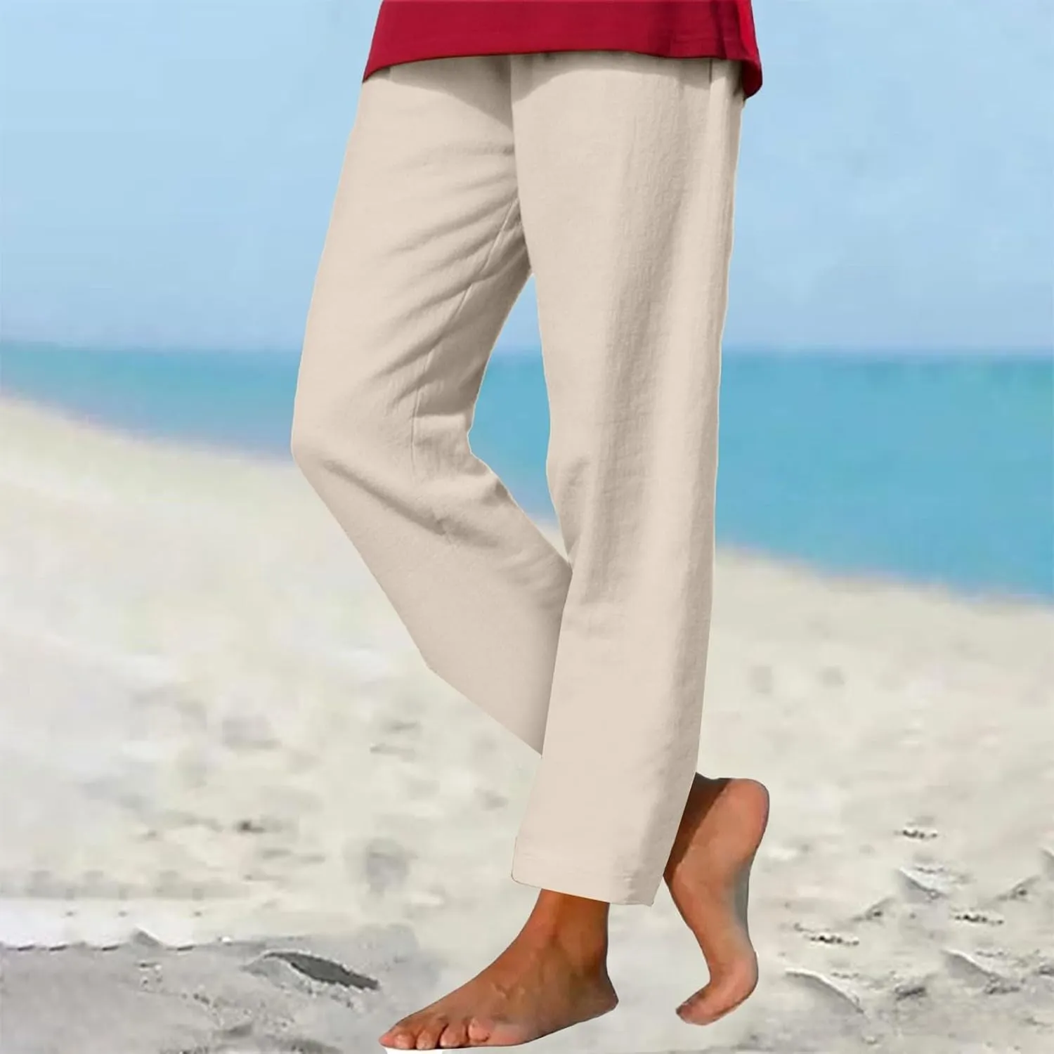 Linen Pants Women 2025 Straight Wide Leg Pants High Waisted Casual Summer Pants Lounge Beach Trousers with Pockets