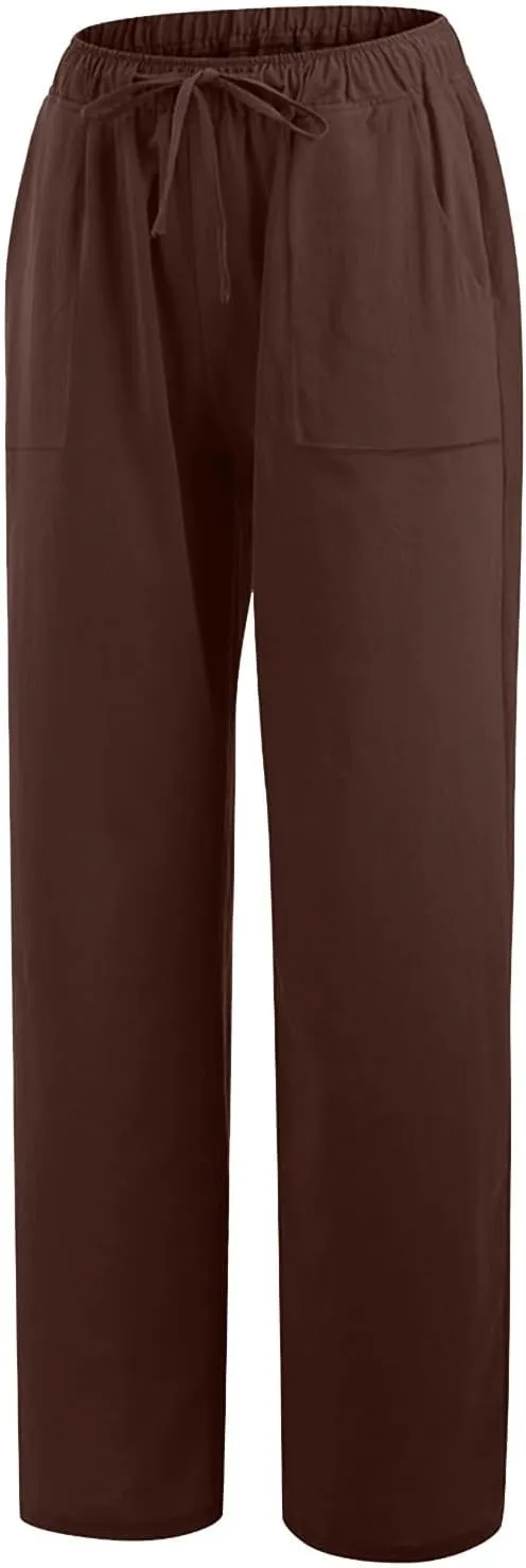 Linen Pants Women High Waisted Wide Leg Pants Drawstring Loose Fit Summer Trousers Beach Resort Wear 2025