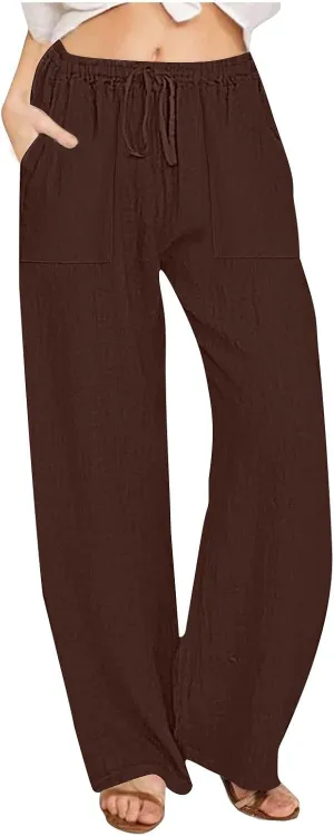 Linen Pants Women High Waisted Wide Leg Pants Drawstring Loose Fit Summer Trousers Beach Resort Wear 2025