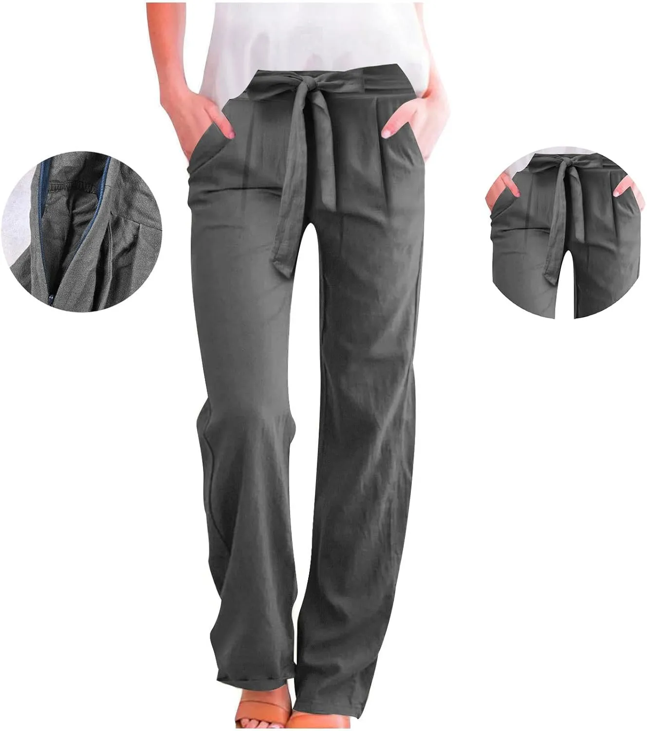 Linen Pants Women Summer Casual Straight Wide Leg Pants Lace Up High Waisted Lounge Pants Solid Beach Vacation Trouser