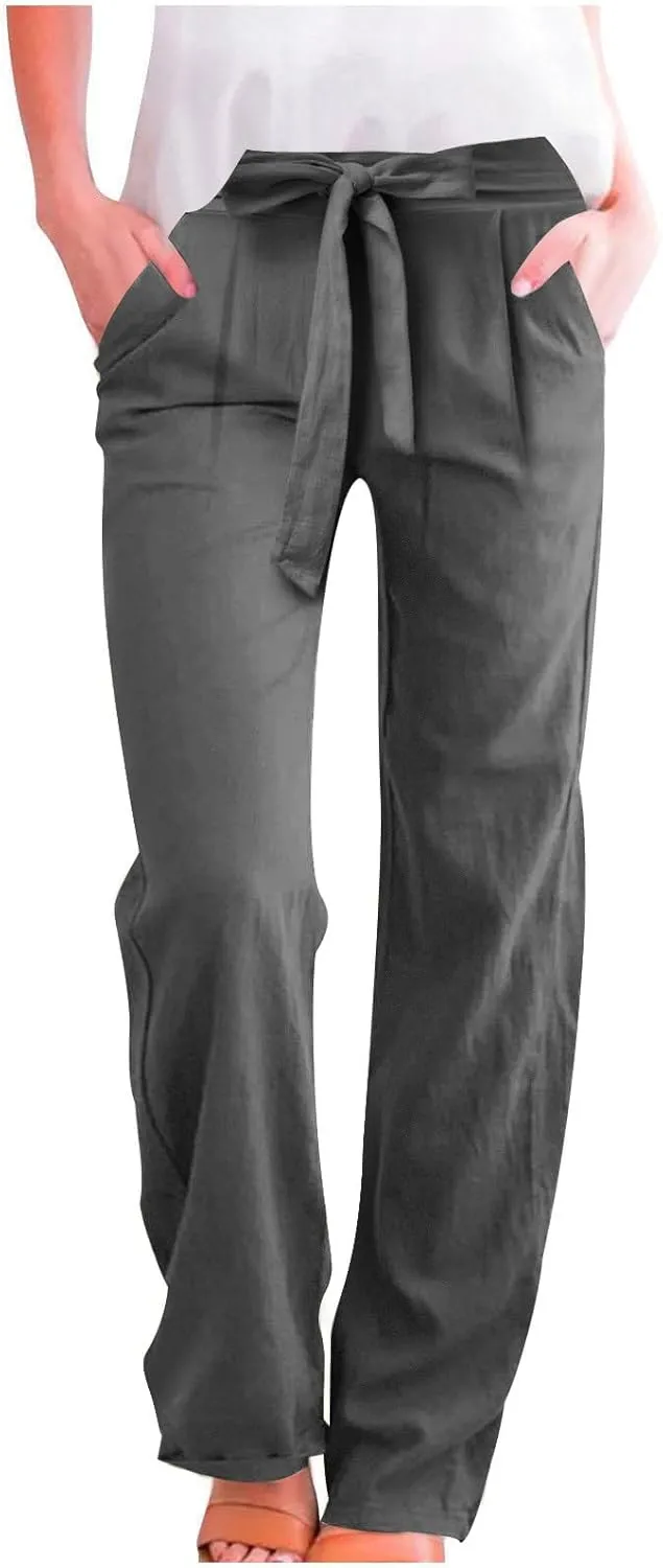 Linen Pants Women Summer Casual Straight Wide Leg Pants Lace Up High Waisted Lounge Pants Solid Beach Vacation Trouser