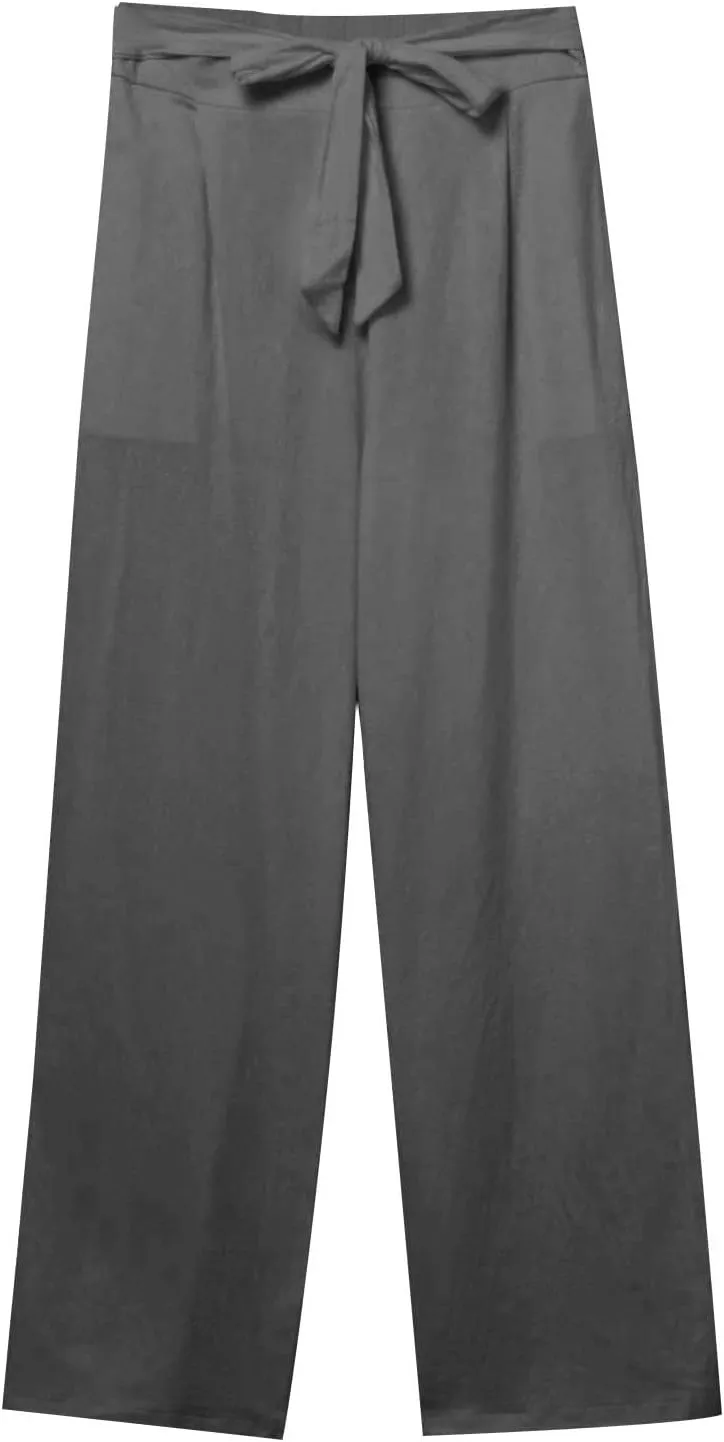 Linen Pants Women Summer Casual Straight Wide Leg Pants Lace Up High Waisted Lounge Pants Solid Beach Vacation Trouser