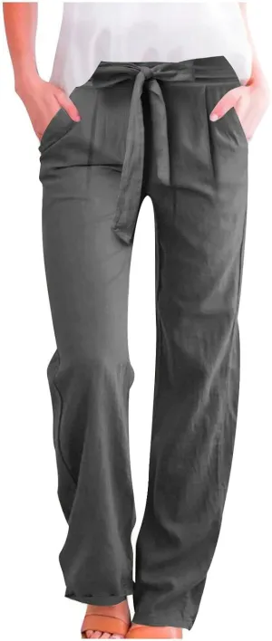 Linen Pants Women Summer Casual Straight Wide Leg Pants Lace Up High Waisted Lounge Pants Solid Beach Vacation Trouser