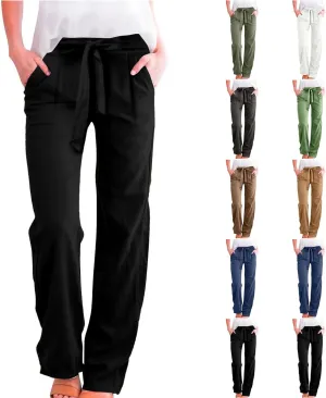 Linen Pants Women Summer Casual Wide Leg Pants High Waisted Straight Leg Pants Drawstring Bow Tie Trousers