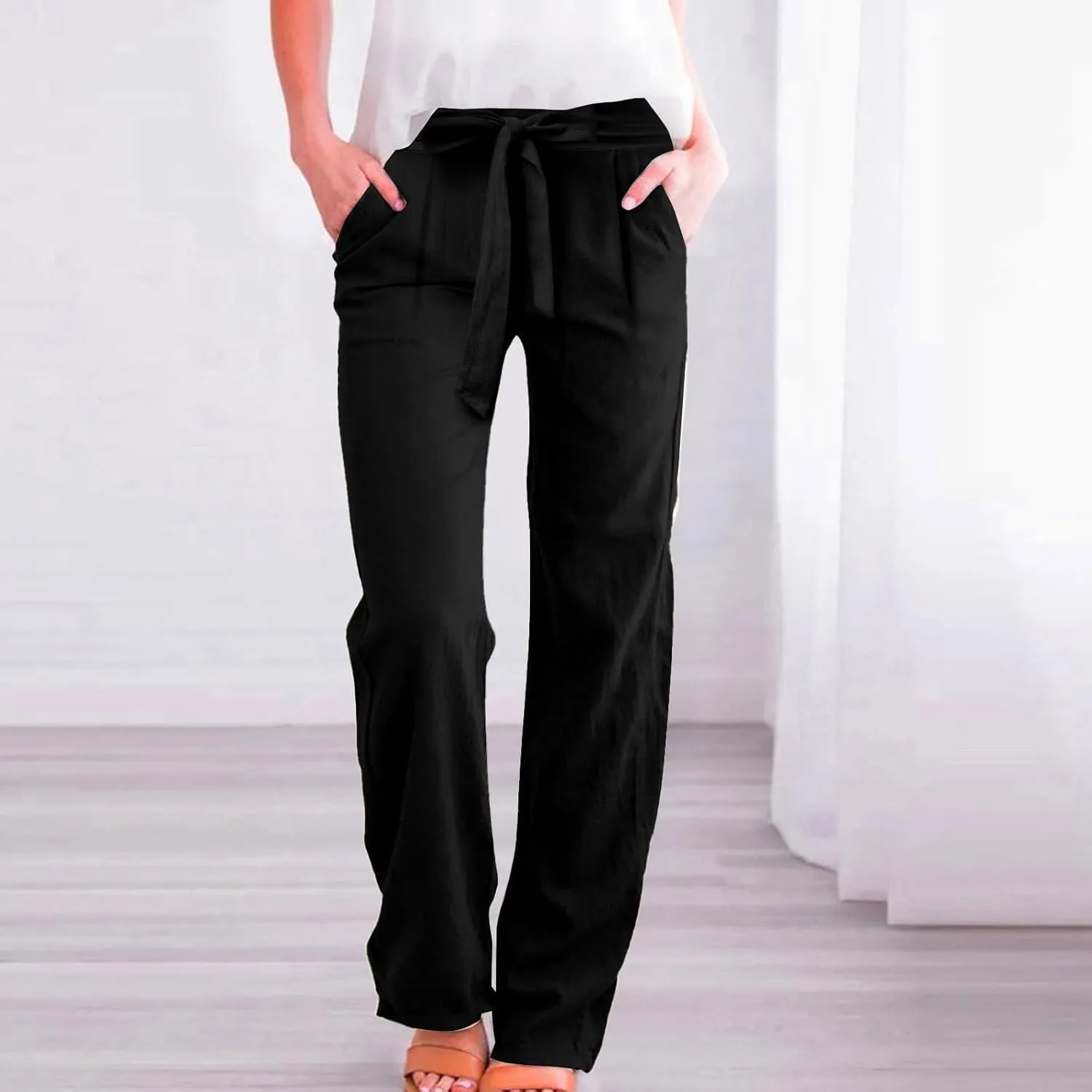 Linen Pants Women Summer Casual Wide Leg Pants High Waisted Straight Leg Pants Drawstring Bow Tie Trousers