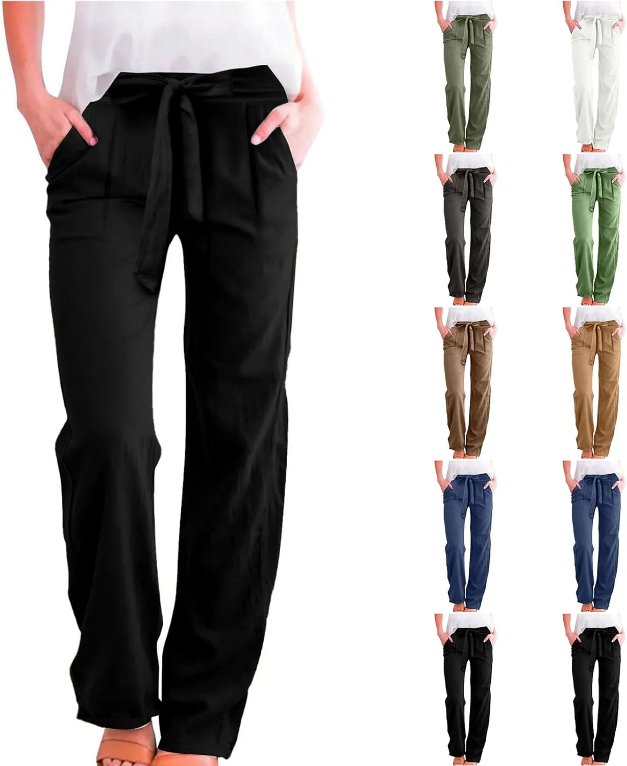 Linen Pants Women Summer Casual Wide Leg Pants High Waisted Straight Leg Pants Drawstring Bow Tie Trousers