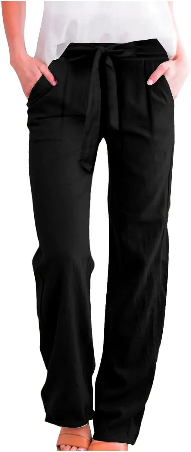 Linen Pants Women Summer Casual Wide Leg Pants High Waisted Straight Leg Pants Drawstring Bow Tie Trousers