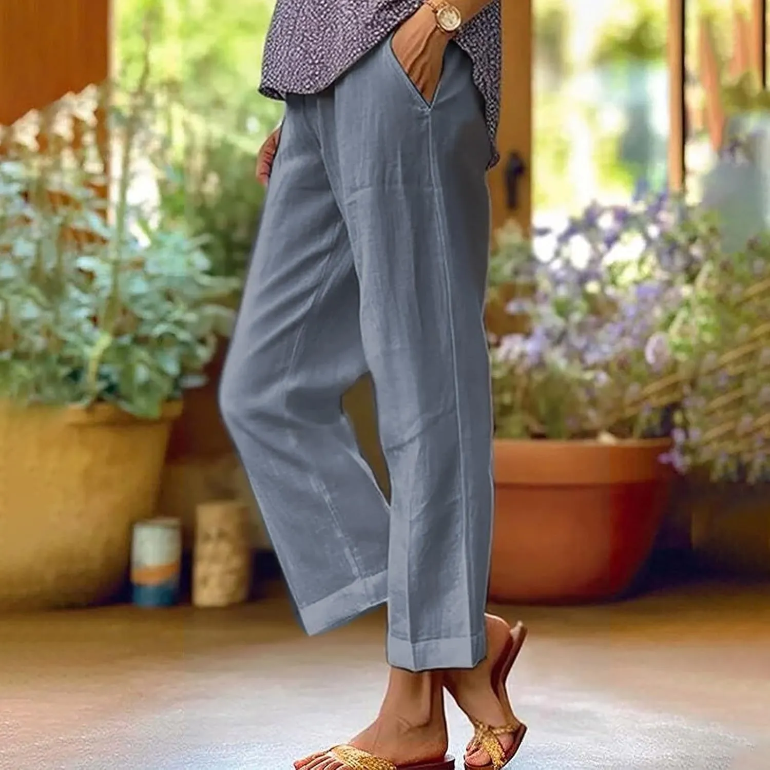 Linen Pants Women Summer Cropped Straight Wide Leg Pant Casual Plus Size Elastic Waist Beach Trousers with Pockets