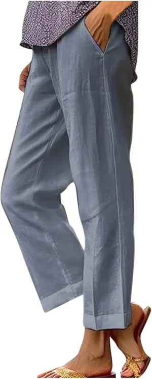 Linen Pants Women Summer Cropped Straight Wide Leg Pant Casual Plus Size Elastic Waist Beach Trousers with Pockets