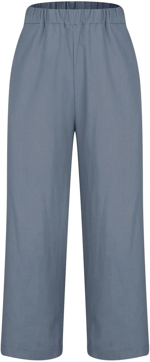 Linen Pants Women Summer Cropped Straight Wide Leg Pant Casual Plus Size Elastic Waist Beach Trousers with Pockets