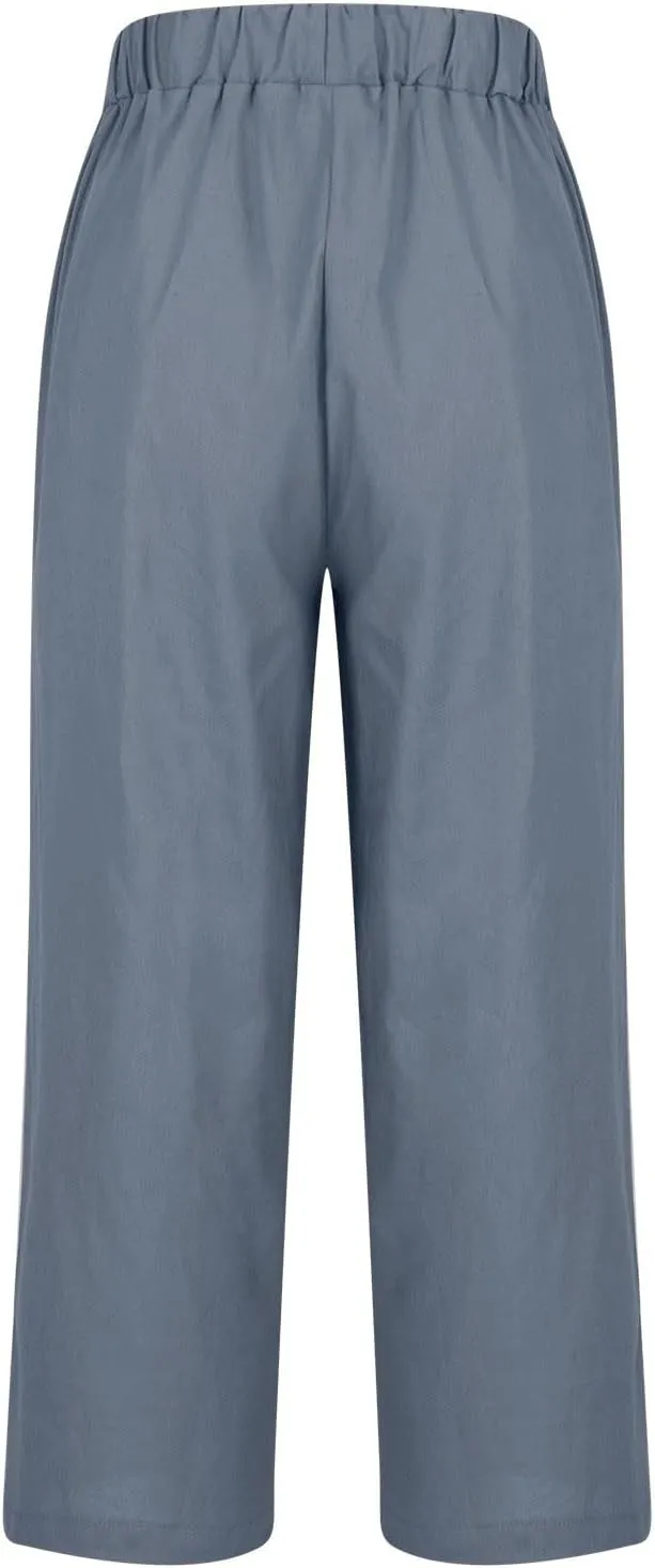 Linen Pants Women Summer Cropped Straight Wide Leg Pant Casual Plus Size Elastic Waist Beach Trousers with Pockets