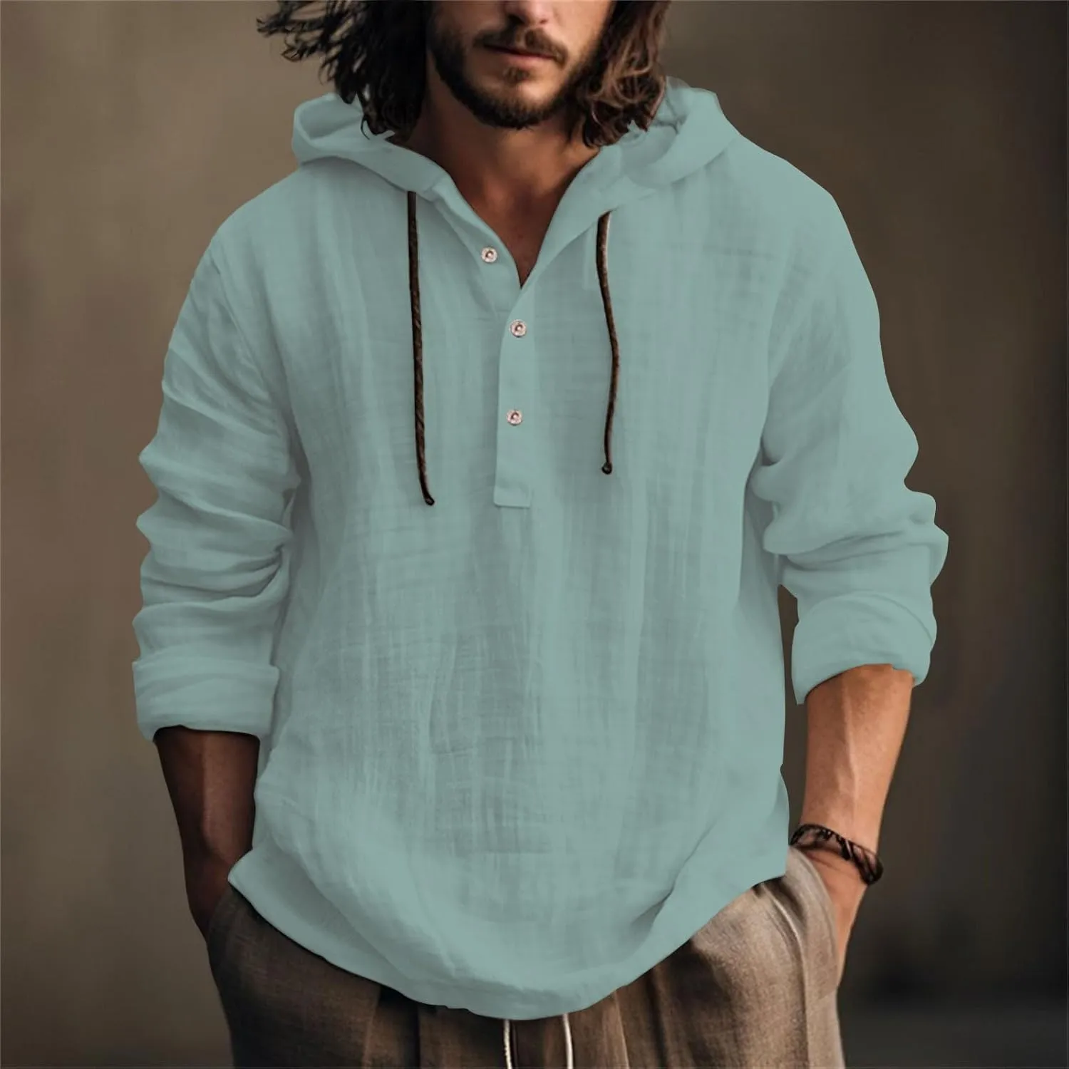 Linen Shirts for Men Breathable Quick Dry Button Up Long Sleeve Shirt with Hood Loose Summer Hoodies Casual Beach Tops