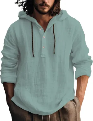 Linen Shirts for Men Breathable Quick Dry Button Up Long Sleeve Shirt with Hood Loose Summer Hoodies Casual Beach Tops