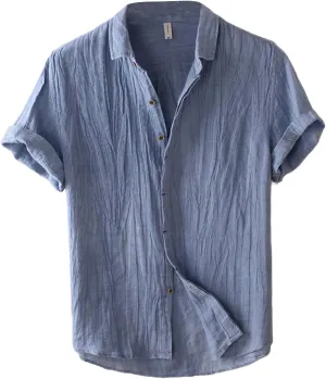 Linen Shirts for Men Retro Wrinkled Breathable Button Down Short Sleeve Tops Lightweight Loose Fit Summer Beach Shirt