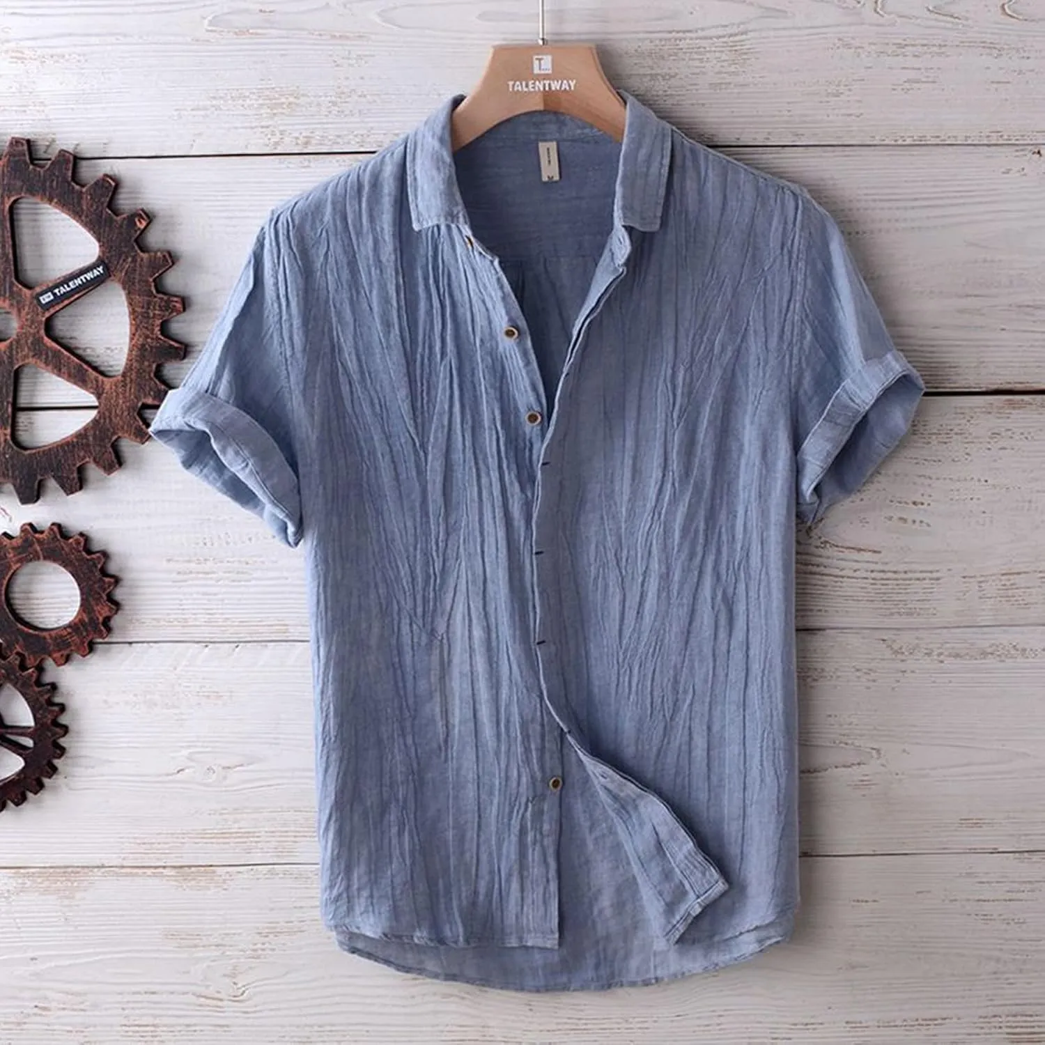Linen Shirts for Men Retro Wrinkled Breathable Button Down Short Sleeve Tops Lightweight Loose Fit Summer Beach Shirt