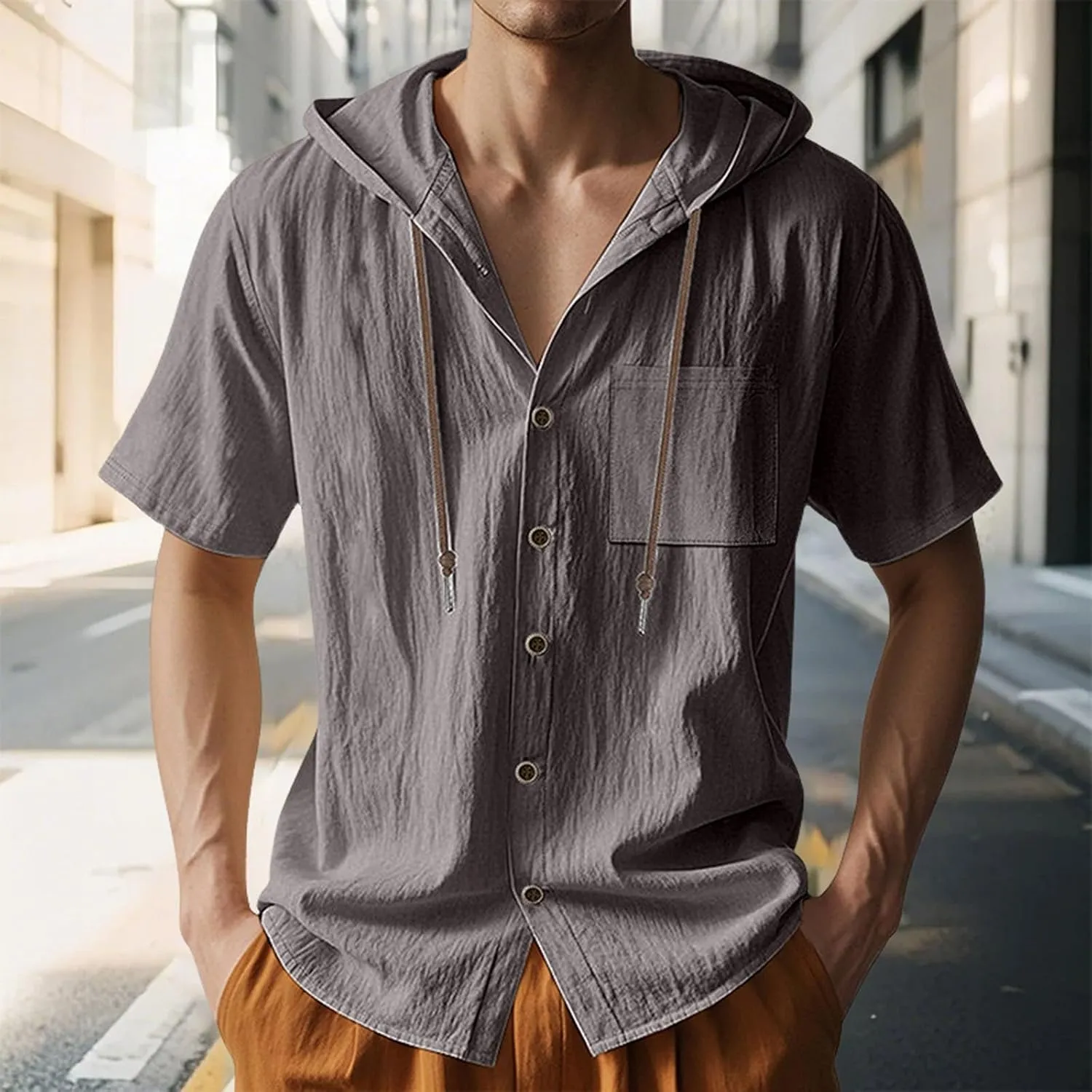 Linen Shirts for Mens Fashion Summer Cotton Linen Hooded Shirt Short Sleeve Casual Button Down Hipster Beach Blouses