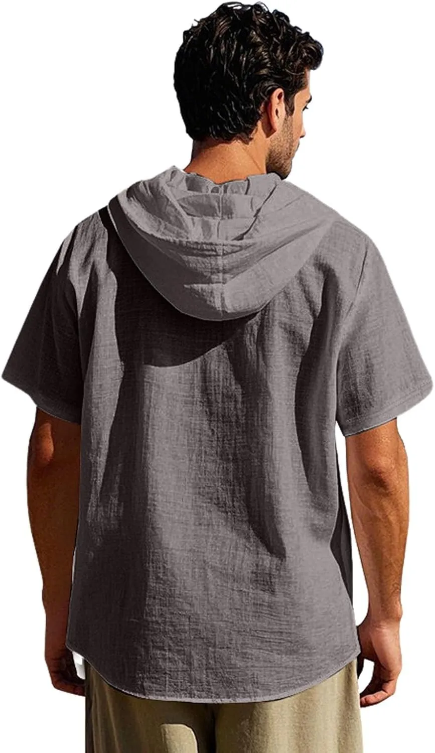 Linen Shirts for Mens Fashion Summer Cotton Linen Hooded Shirt Short Sleeve Casual Button Down Hipster Beach Blouses