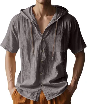 Linen Shirts for Mens Fashion Summer Cotton Linen Hooded Shirt Short Sleeve Casual Button Down Hipster Beach Blouses