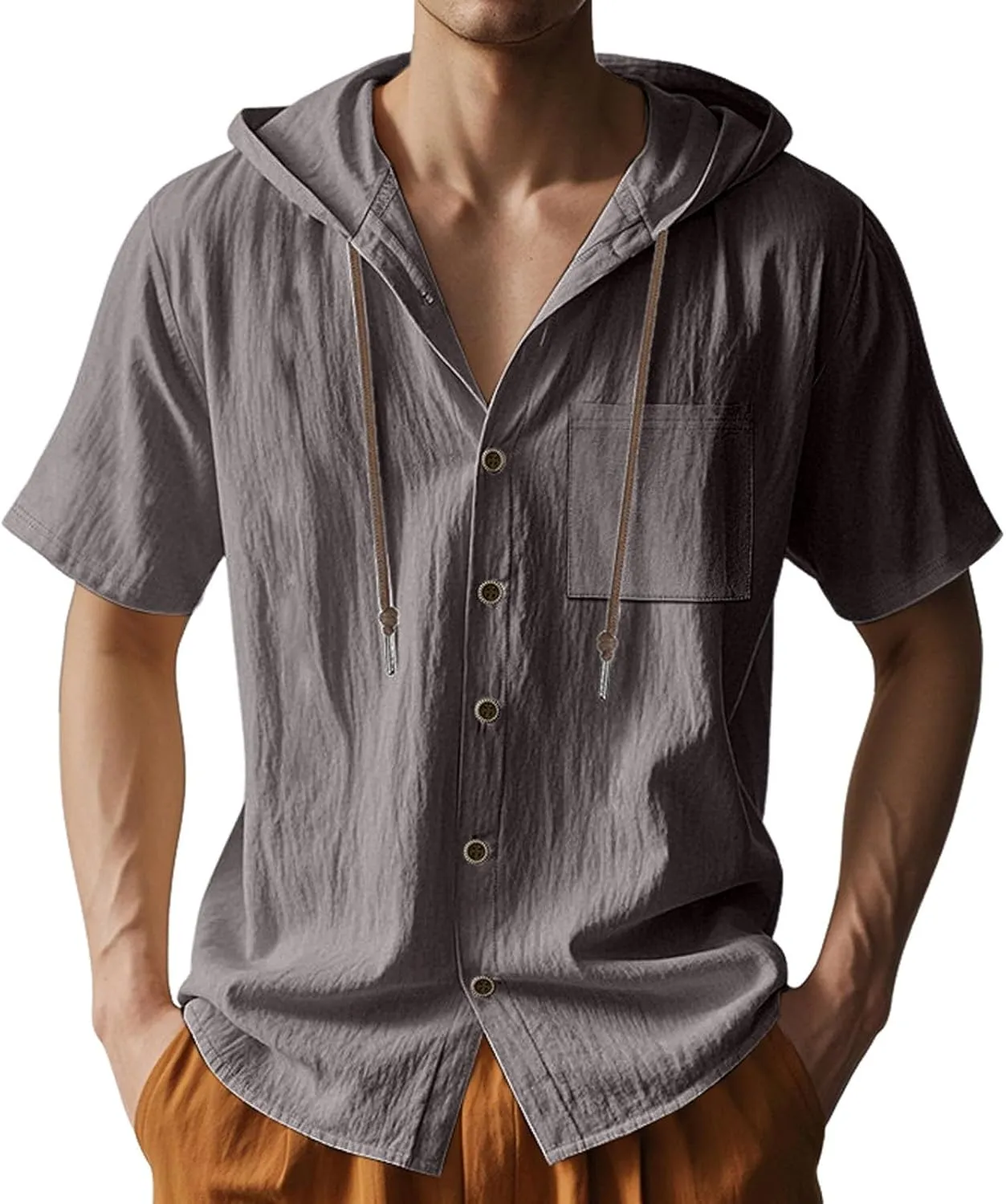 Linen Shirts for Mens Fashion Summer Cotton Linen Hooded Shirt Short Sleeve Casual Button Down Hipster Beach Blouses