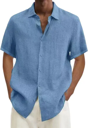 Linen Shirts for Mens Short Sleeve Button Down Summer Beach Hippie Shirt Lightweight Breathable Sun Protection Tee Top