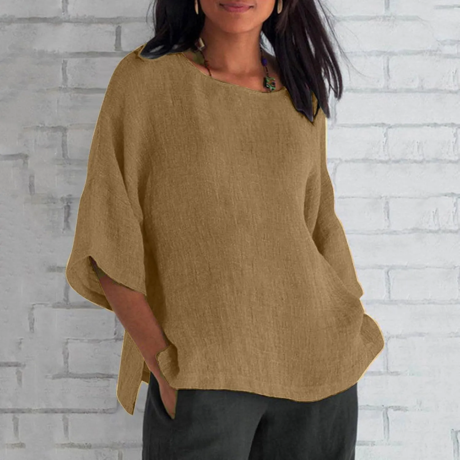 Linen Shirts for Women Summer Cotton Crewneck Blouses Casual Loose Fit Short Sleeve Tunic Tops Soft Side Split Tees