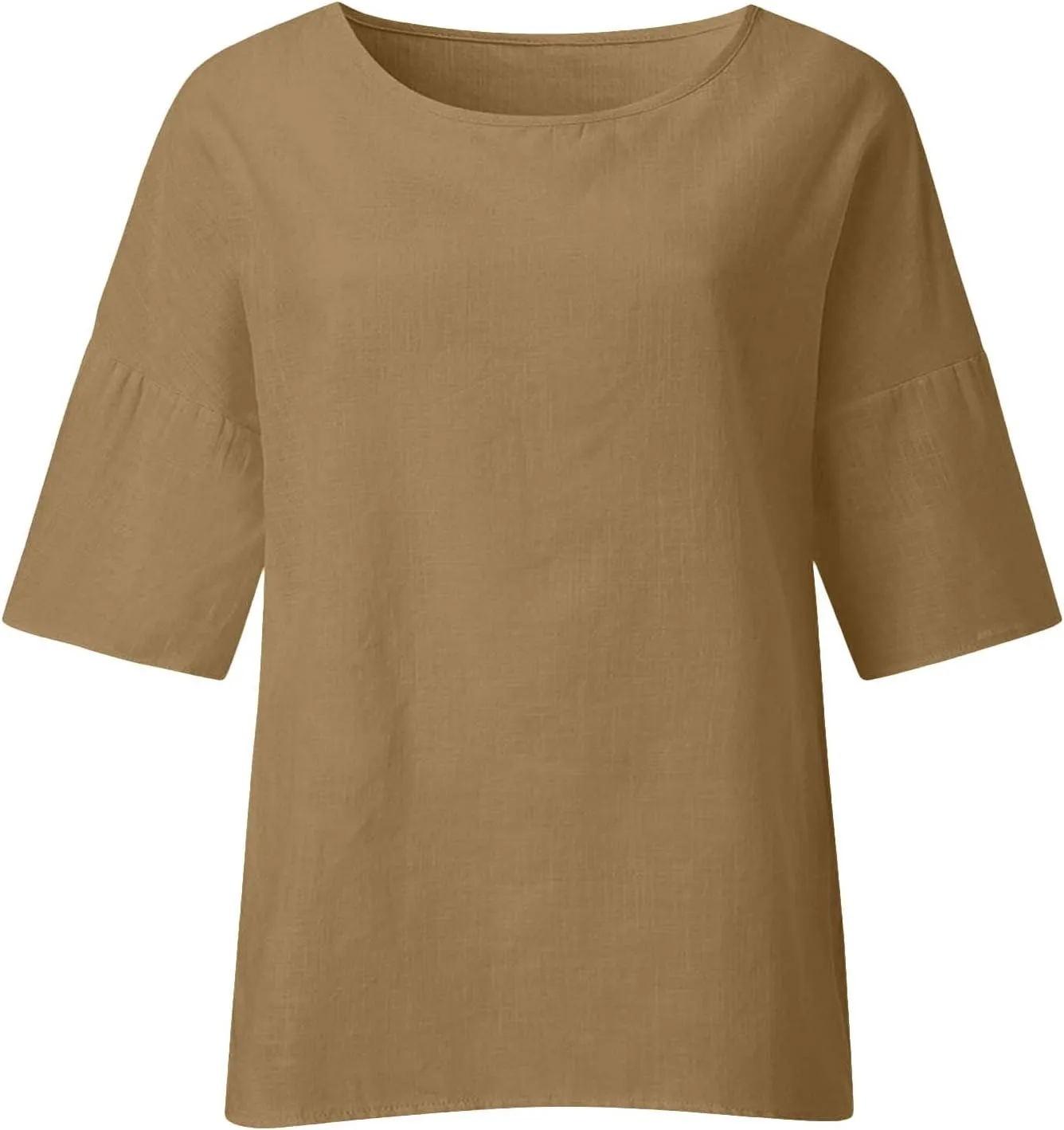 Linen Shirts for Women Summer Cotton Crewneck Blouses Casual Loose Fit Short Sleeve Tunic Tops Soft Side Split Tees