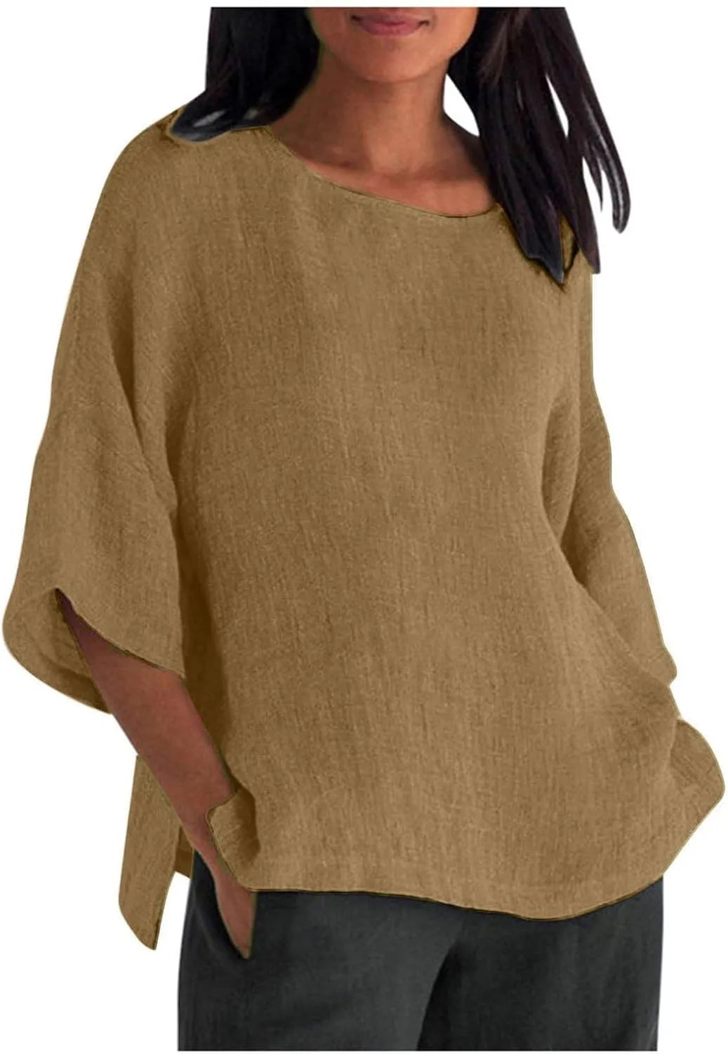 Linen Shirts for Women Summer Cotton Crewneck Blouses Casual Loose Fit Short Sleeve Tunic Tops Soft Side Split Tees