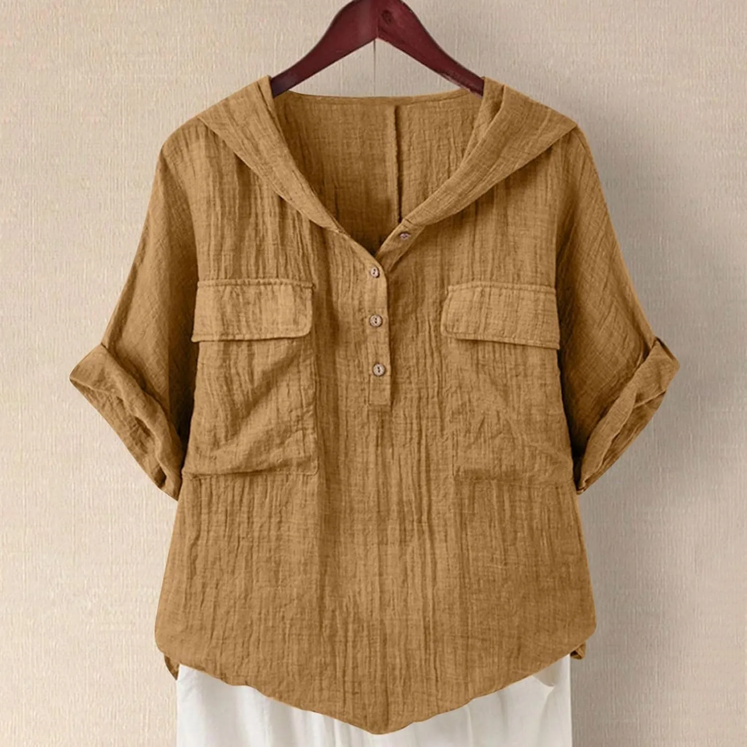 Linen Shirts for Women Summer V Neck Button Down Solid Color Short Sleeve Loose Vacation Blouse Tops with Pockets
