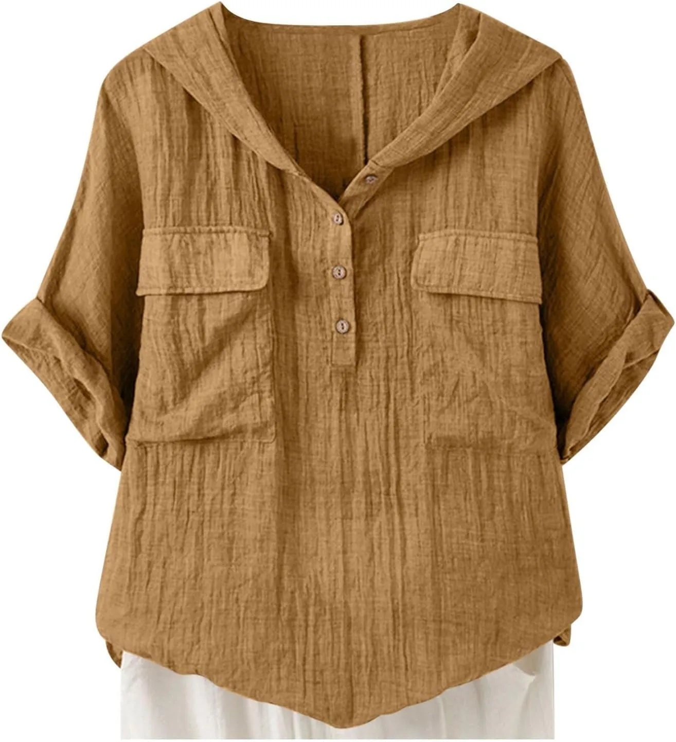 Linen Shirts for Women Summer V Neck Button Down Solid Color Short Sleeve Loose Vacation Blouse Tops with Pockets