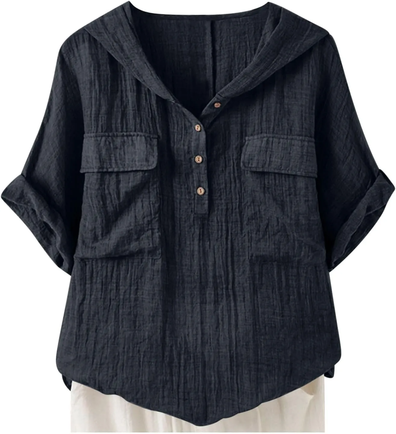 Linen Shirts for Women Summer V Neck Button Down Solid Color Short Sleeve Loose Vacation Blouse Tops with Pockets