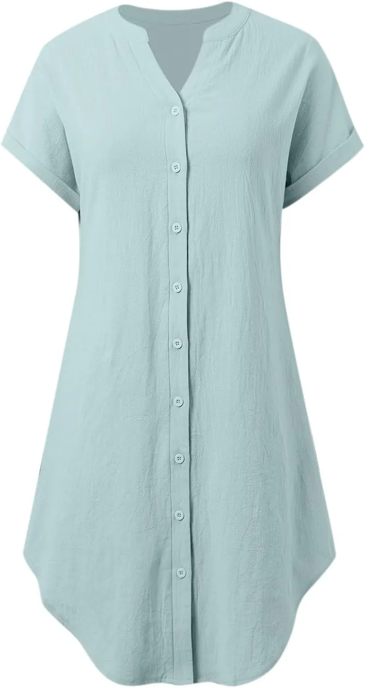 Linen Summer Dresses for Women Fashion Boho Cotton Vacation Dress Evening Party Summer Button Down Tunic Shirts