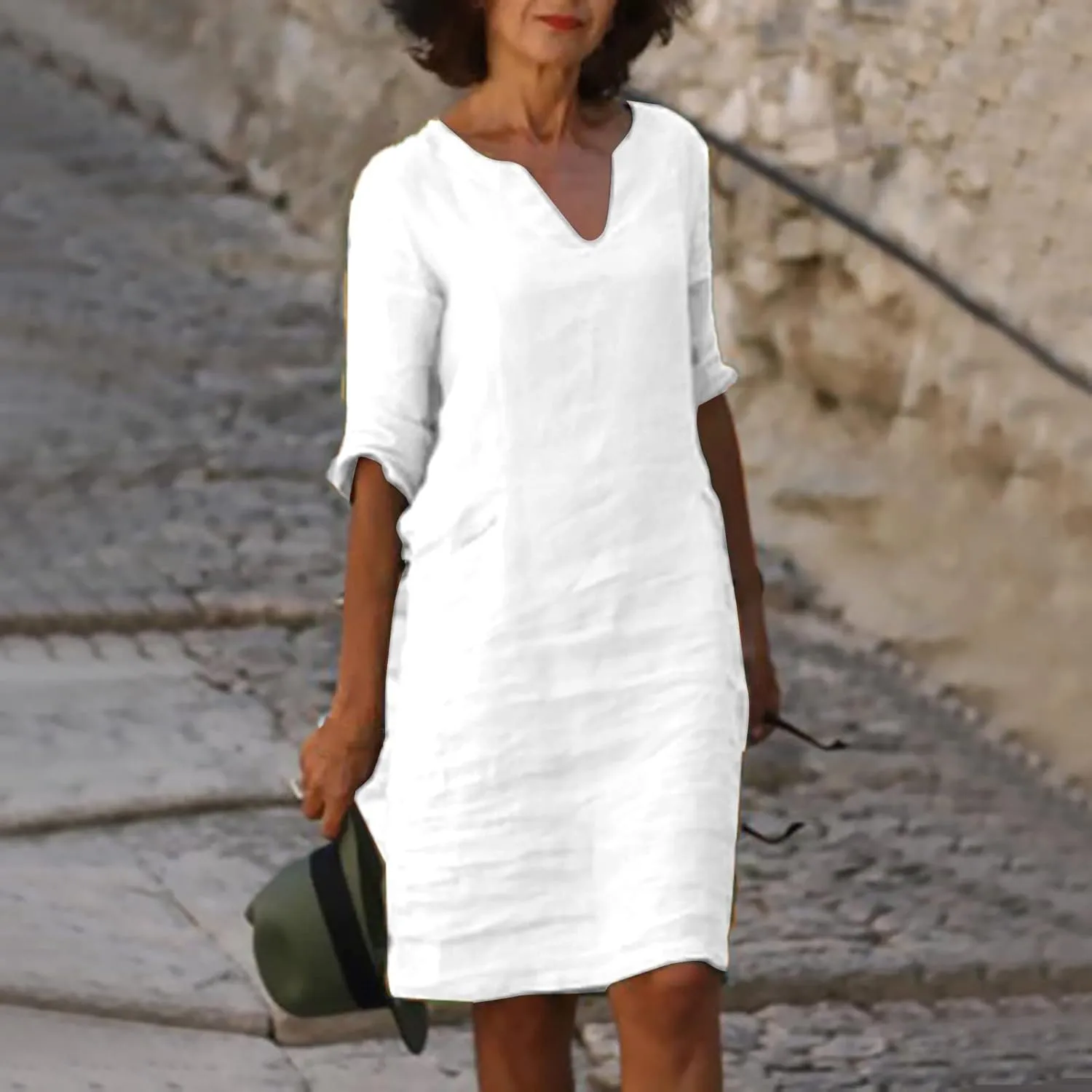 Linen Tunic Dress Women Classy Vacation V Neck Half Sleeve Midi Length Spring Wedding Guest Dress Church Outfits for Ladies