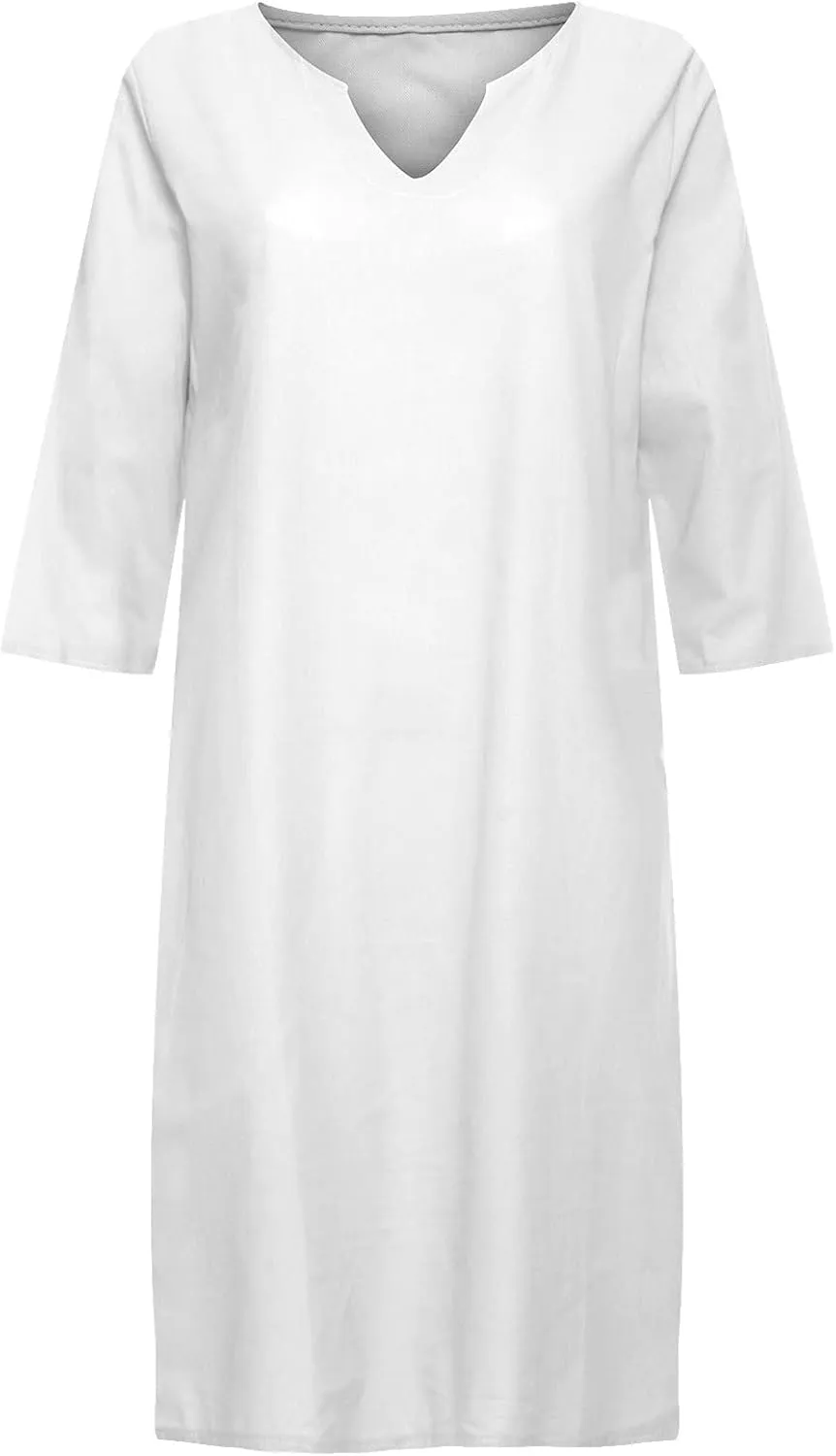 Linen Tunic Dress Women Classy Vacation V Neck Half Sleeve Midi Length Spring Wedding Guest Dress Church Outfits for Ladies