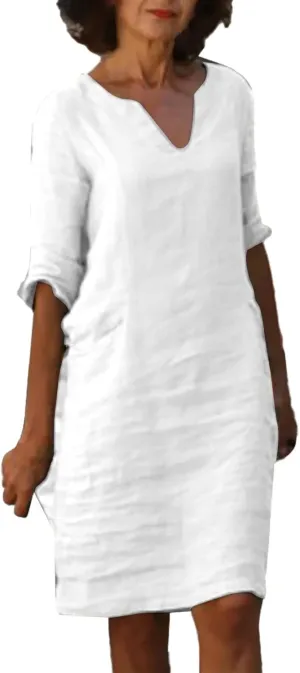 Linen Tunic Dress Women Classy Vacation V Neck Half Sleeve Midi Length Spring Wedding Guest Dress Church Outfits for Ladies