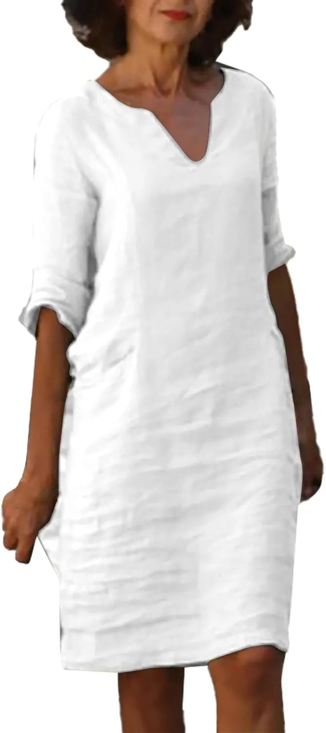 Linen Tunic Dress Women Classy Vacation V Neck Half Sleeve Midi Length Spring Wedding Guest Dress Church Outfits for Ladies