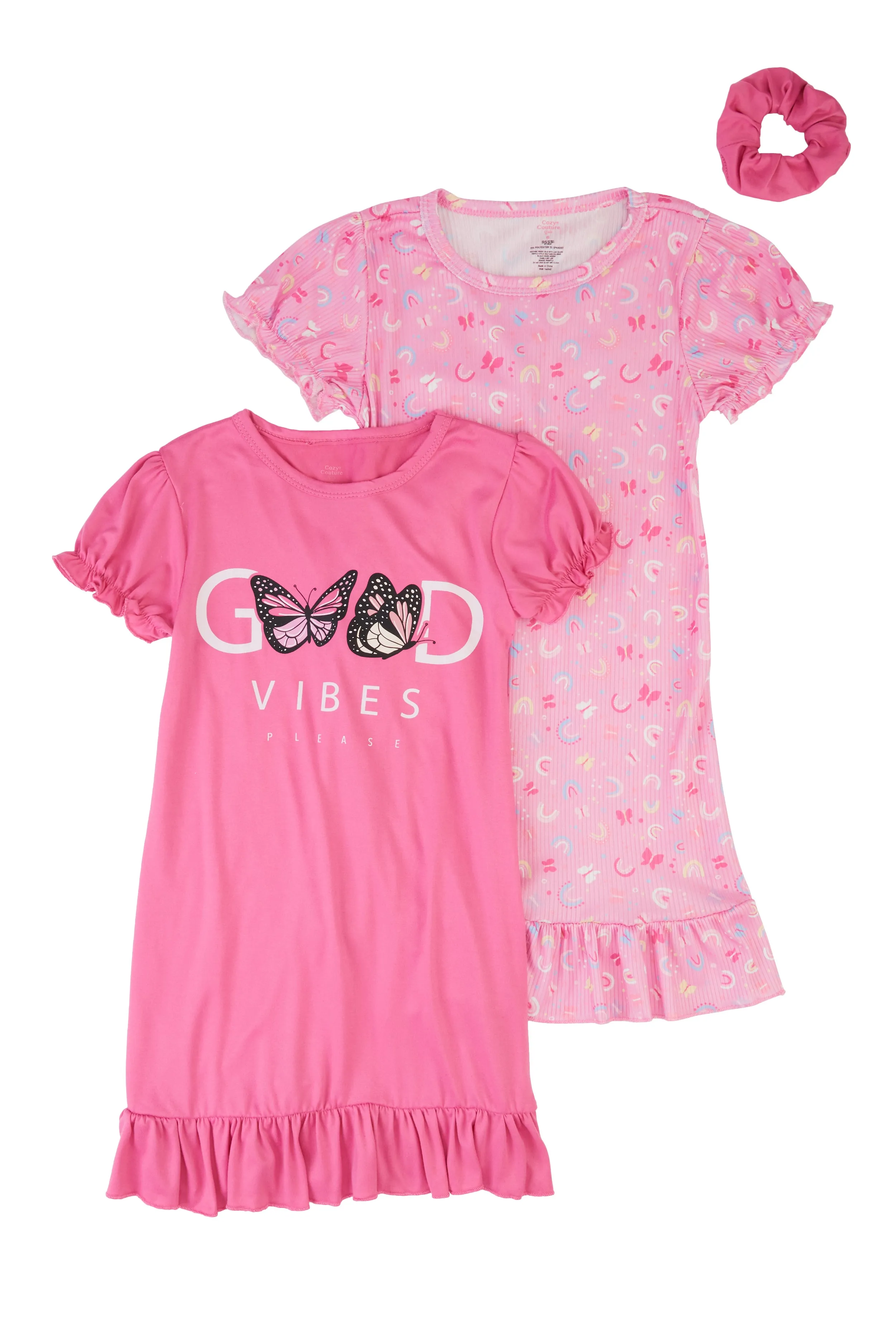Little Girls Good Vibes Graphic Nightgowns with Scrunchie