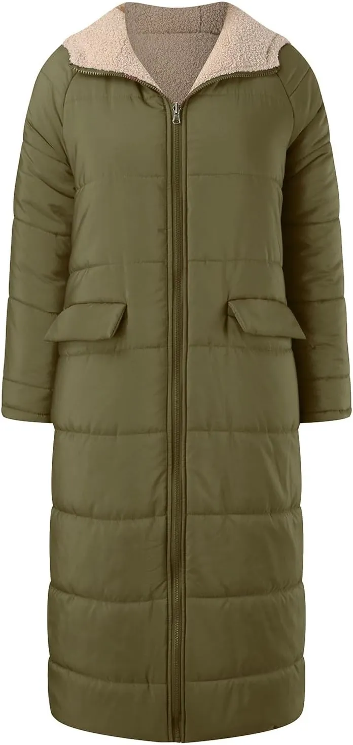 Long Fleece Jacket Women Winter Padded Reversible Puffer Sherpa Down Outwear Fashion Long Sleeve Hooded Pocket Coats