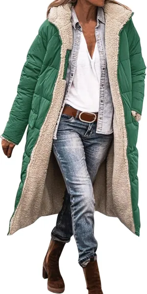 Long Fleece Jacket Women Winter Padded Reversible Puffer Sherpa Down Outwear Fashion Long Sleeve Hooded Pocket Coats