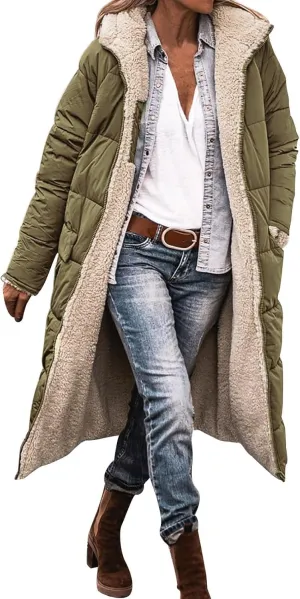 Long Fleece Jacket Women Winter Padded Reversible Puffer Sherpa Down Outwear Fashion Long Sleeve Hooded Pocket Coats