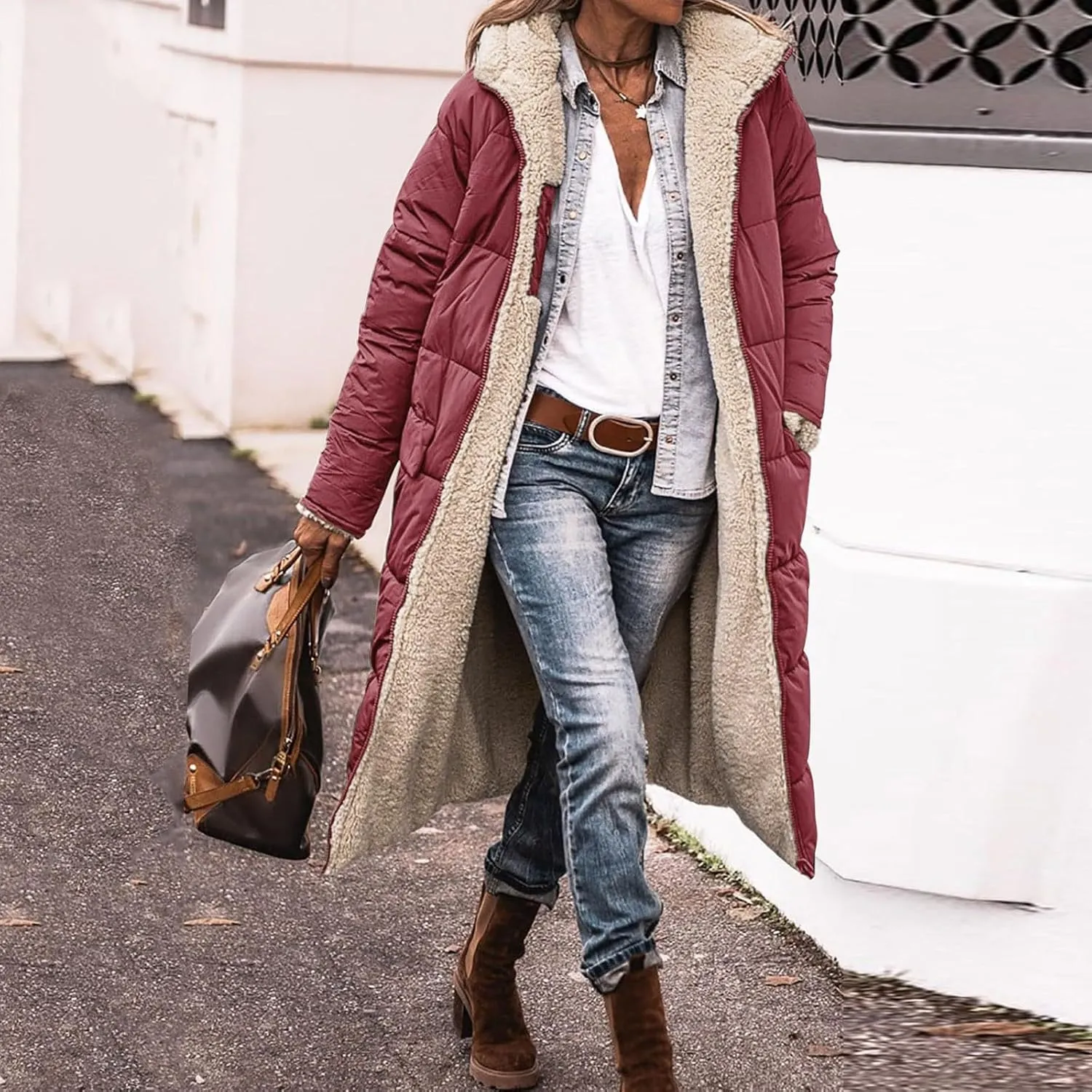 Long Fleece Jacket Women Winter Padded Reversible Puffer Sherpa Down Outwear Fashion Long Sleeve Hooded Pocket Coats