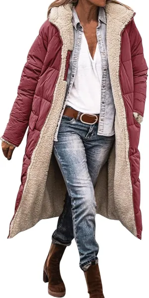 Long Fleece Jacket Women Winter Padded Reversible Puffer Sherpa Down Outwear Fashion Long Sleeve Hooded Pocket Coats