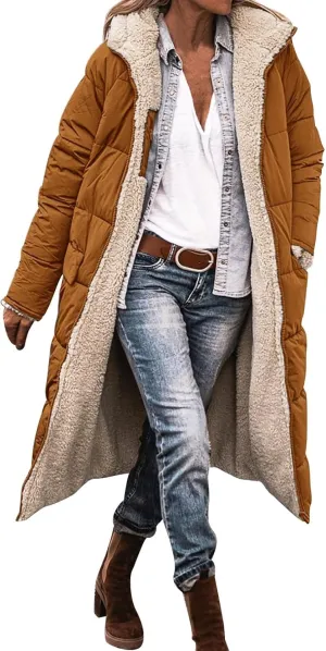 Long Fleece Jacket Women Winter Padded Reversible Puffer Sherpa Down Outwear Fashion Long Sleeve Hooded Pocket Coats