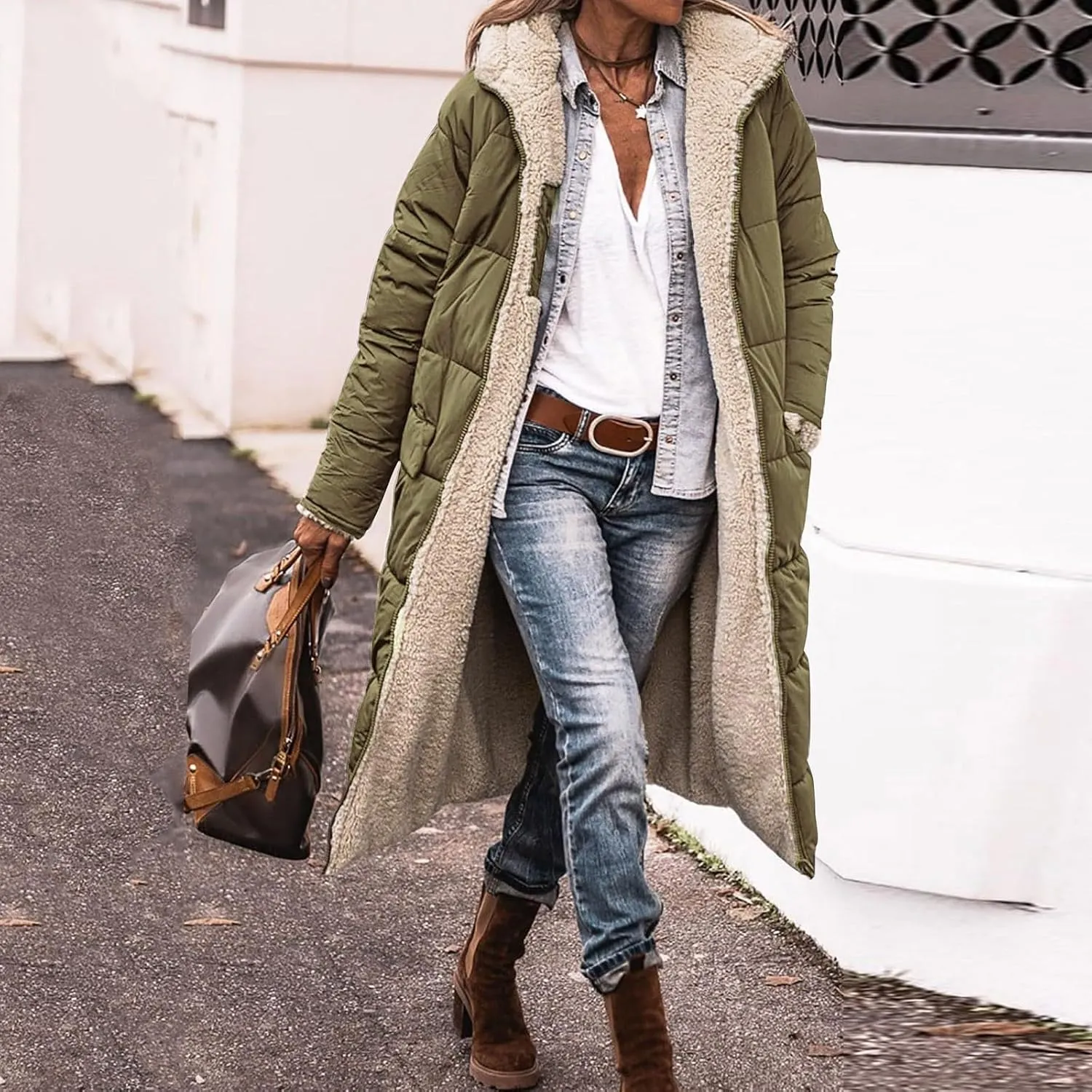 Long Fleece Jacket Women Winter Padded Reversible Puffer Sherpa Down Outwear Fashion Long Sleeve Hooded Pocket Coats